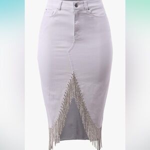 A2Y Silver Rhinestone  Embellished Midi Pencil Denim Skirt